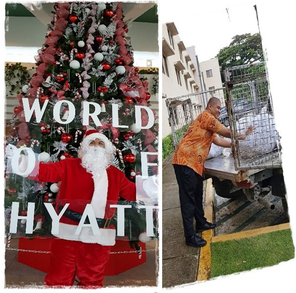 photos of santa claus in front of a huge christmas tree and a man unloading from a truck
